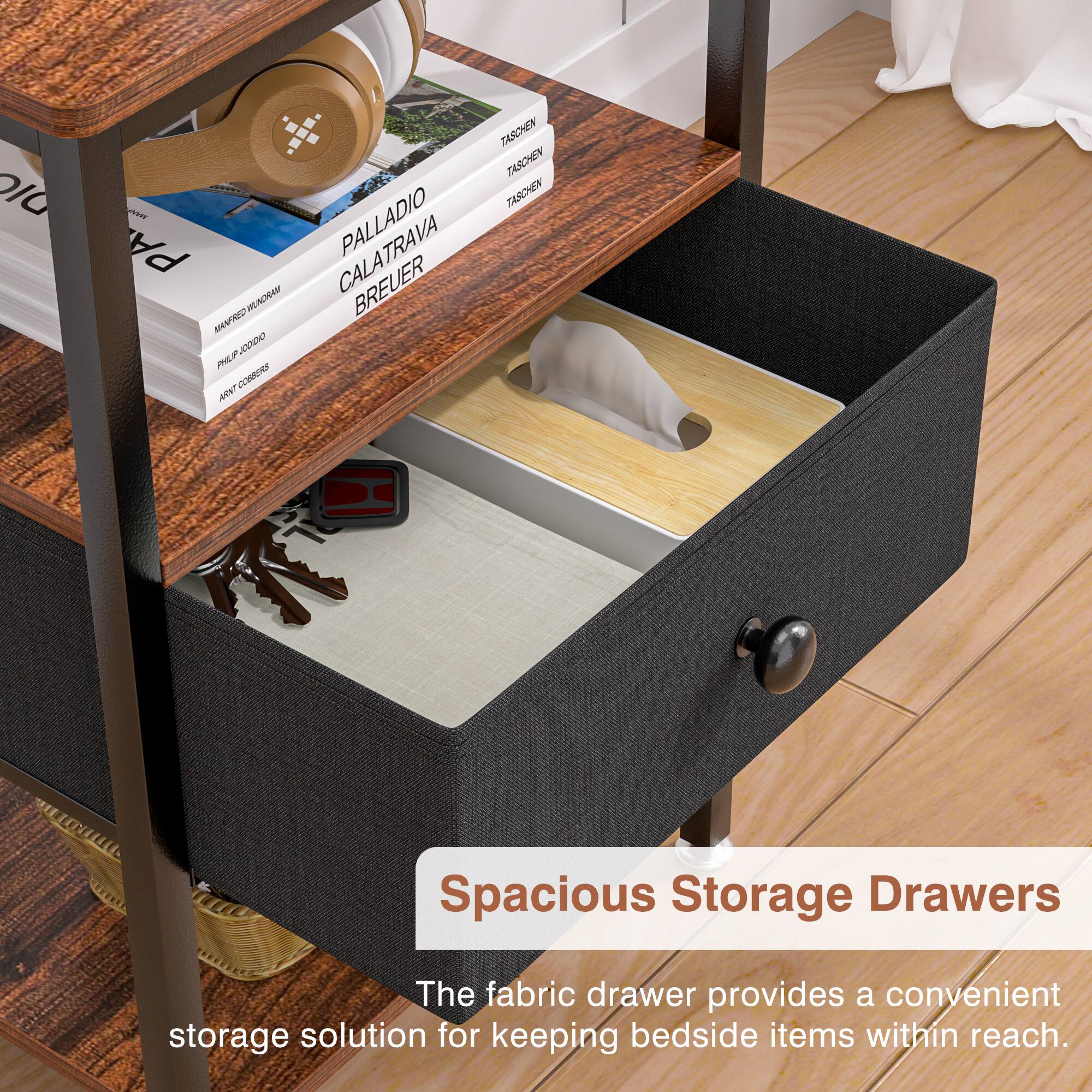 Spacious Storage Drawers  
The fabric drawer provides a convenient storage solution for keeping bedside items within reach.