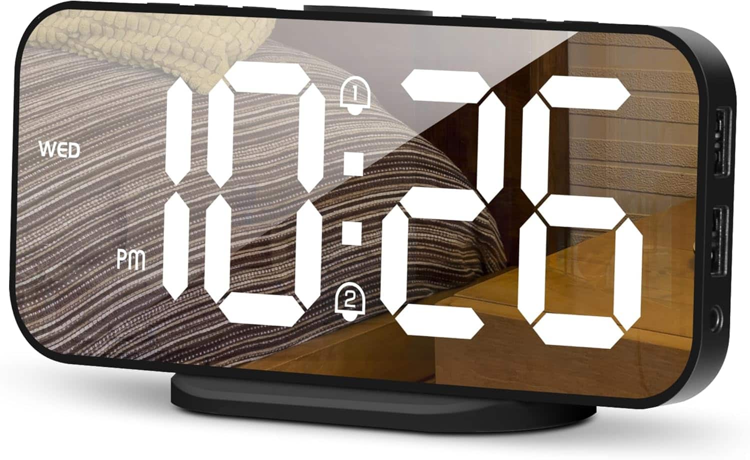 Stamp n Camp - Digital Alarm Clock for Bedroom,6.7" LED Mirror Surface with 2 USB Charger Port,Adjustable Brightness,Dual Display Room - Black