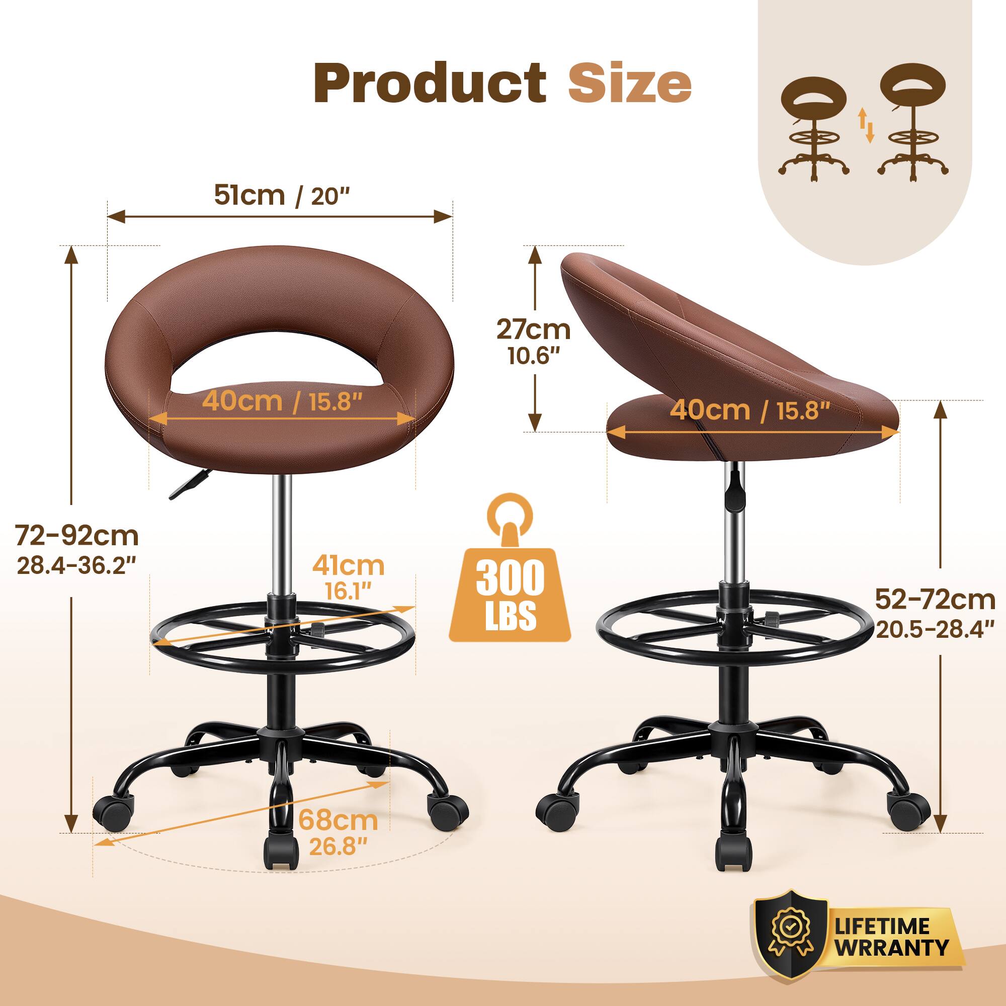 Product Size

- 51cm / 20"
- 27cm / 10.6"
- 40cm / 15.8"
- 40cm / 15.8"
- 72-92cm / 28.4-36.2"
- 41cm / 16.1"
- 52-72cm / 20.5-28.4"
- 68cm / 26.8"

300 LBS

LIFETIME WARRANTY