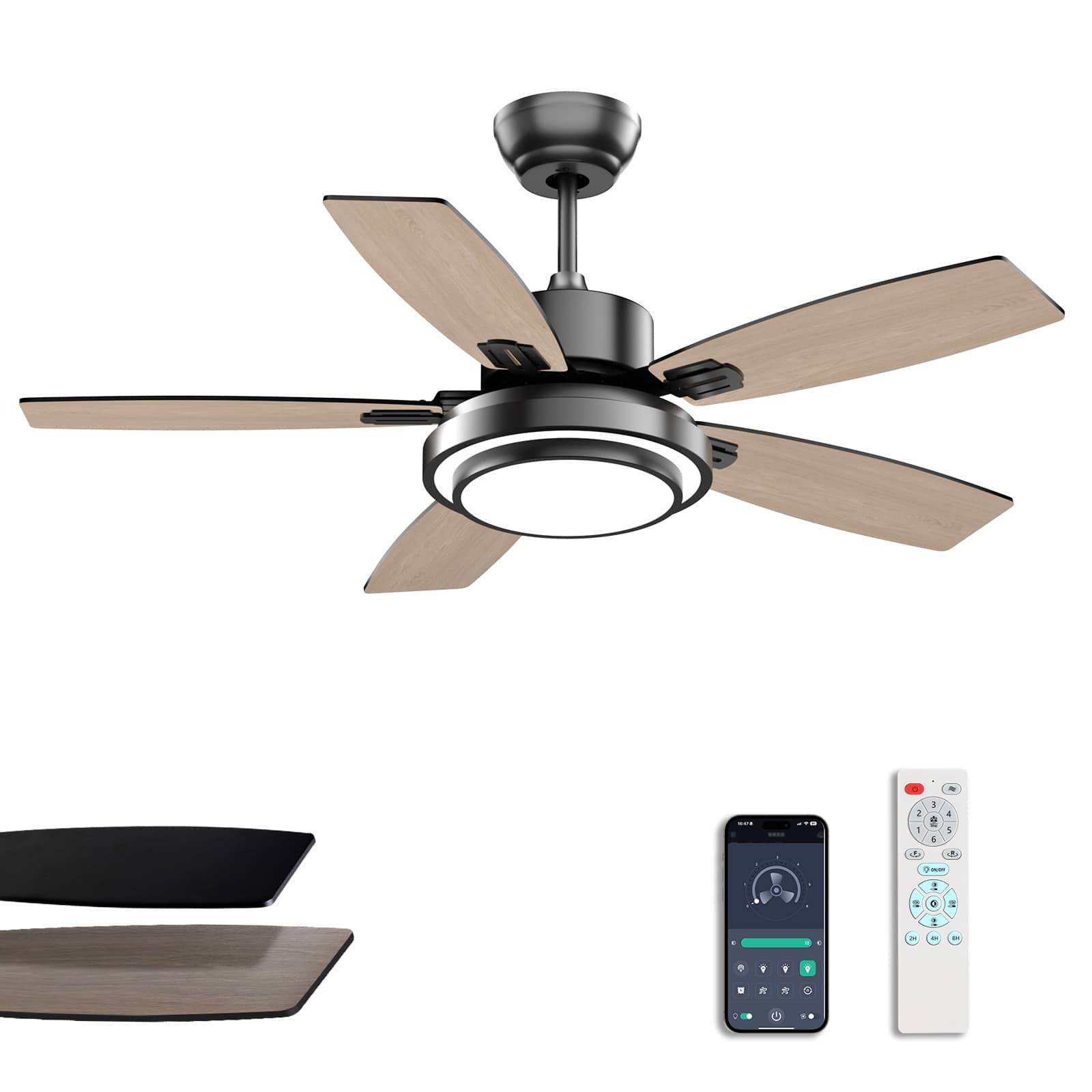 Front. Siljoy - 42-in Black Ceiling Fan with black or Oak Color Blades Ceiling Fan With Light - Remote Included - Black.