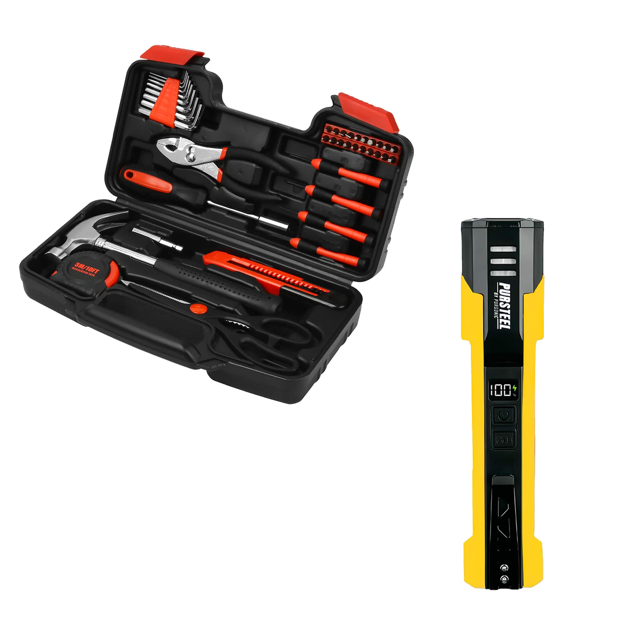 Pursonic - UltraBright Flashlight + Handy Solutions 39-Piece Household Tool Kit Bundle