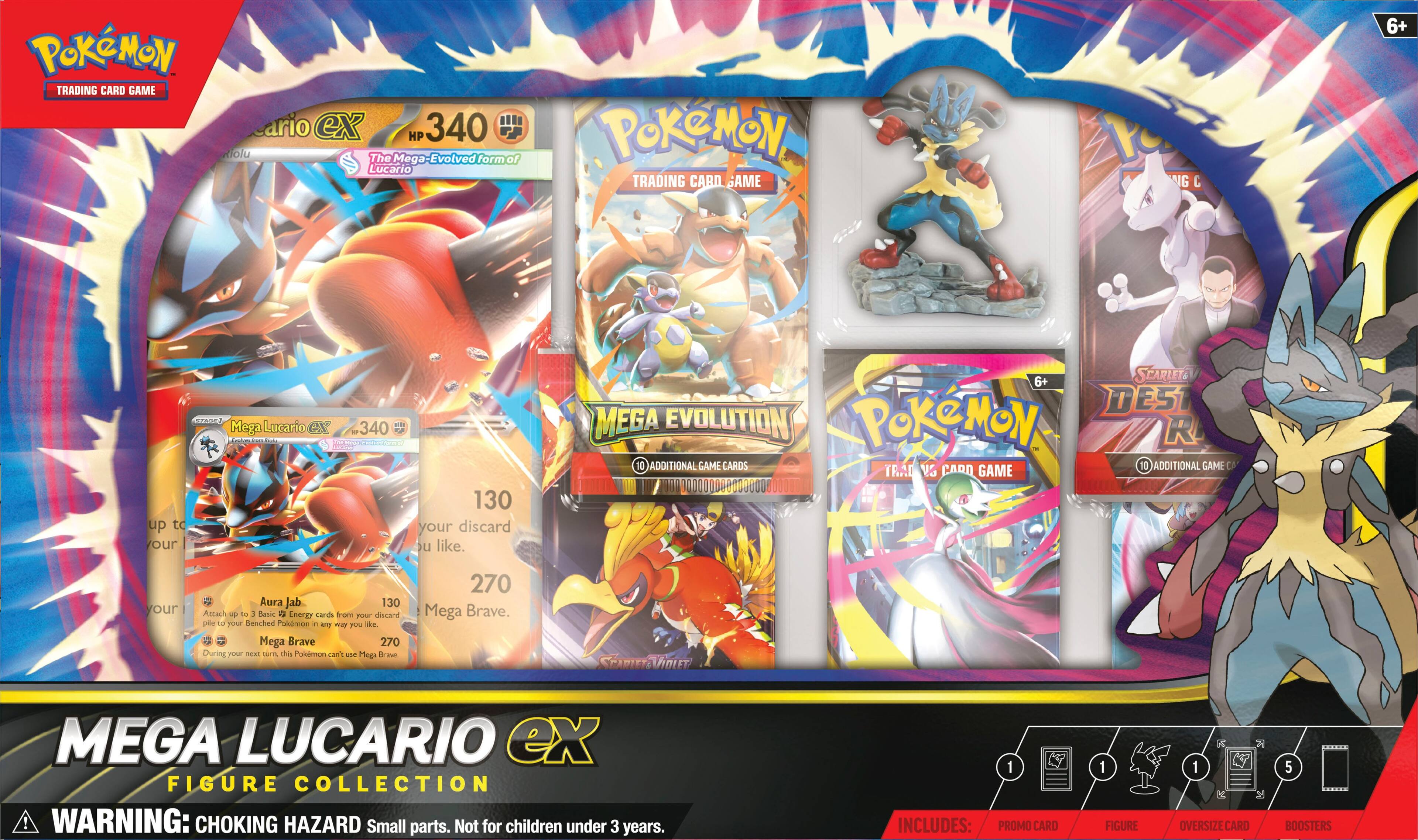 **Pokémon Trading Card Game**

**Mega Lucario EX**  
HP 340  
The Mega-Evolved form of Lucario

**Aura Jab**  
130  
Attach up to 3 Basic Energy cards from your discard pile to Bench Pokémon in any way.

**Mega Brave**  
270  
During your next turn, this Pokémon can't use Mega Brave.

**Mega Evolution**  
10 Additional Game Cards

**Scarlet & Violet**  
6+  
10 Additional Game Cards

**Mega Lucario EX Figure Collection**

**Warning:** Choking Hazard Small parts. Not for children under 3 years.

**Includes:**  
1 Promo Card  
1 Figure  
1 Oversize Card  
5 Boosters