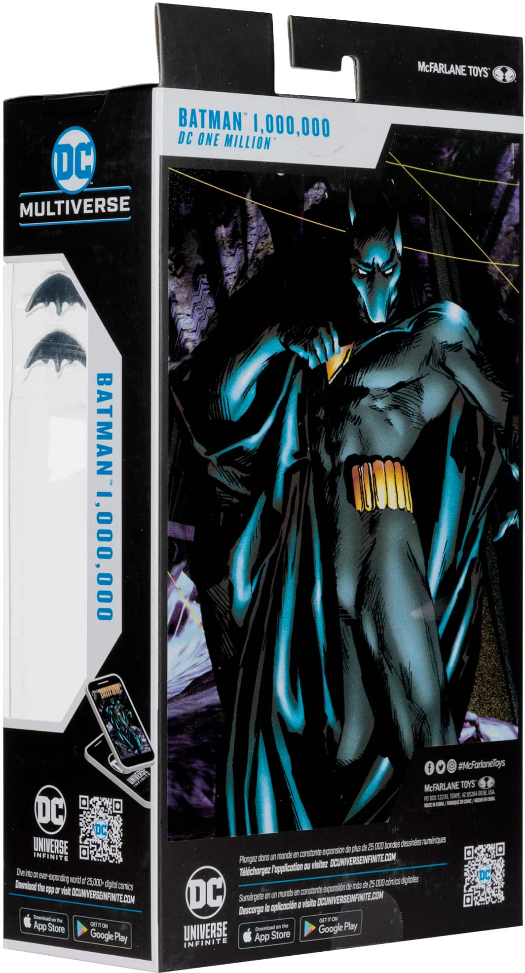 McFarlane Toys 1,000,000 DC Multiverse Batman 1,000,000 Universe DC Universe Infinite. The box contains a collectible figure of Batman. The figure is displayed in a box that is designed to look like a cell phone. The box also has a QR code on it, which can be scanned to download digital comics. The figure is part of a series of collectible figures from the DC Universe. The box is designed to look like a cell phone, and the figure is displayed in the box. The box also has a QR code on it, which can be scanned to download digital comics.