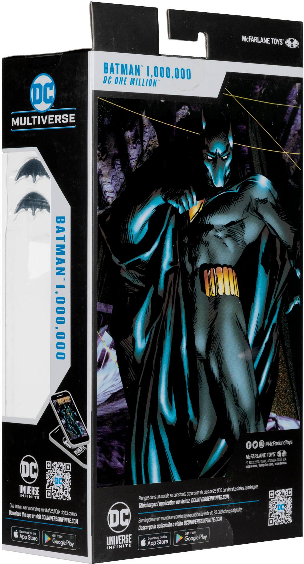 McFarlane Toys 1,000,000 DC Multiverse Batman 1,000,000 Universe DC Universe Infinite. The box contains a collectible figure of Batman. The figure is displayed in a box that is designed to look like a cell phone. The box also has a QR code on it, which can be scanned to download digital comics. The figure is part of a series of collectible figures from the DC Universe. The box is designed to look like a cell phone, and the figure is displayed in the box. The box also has a QR code on it, which can be scanned to download digital comics.