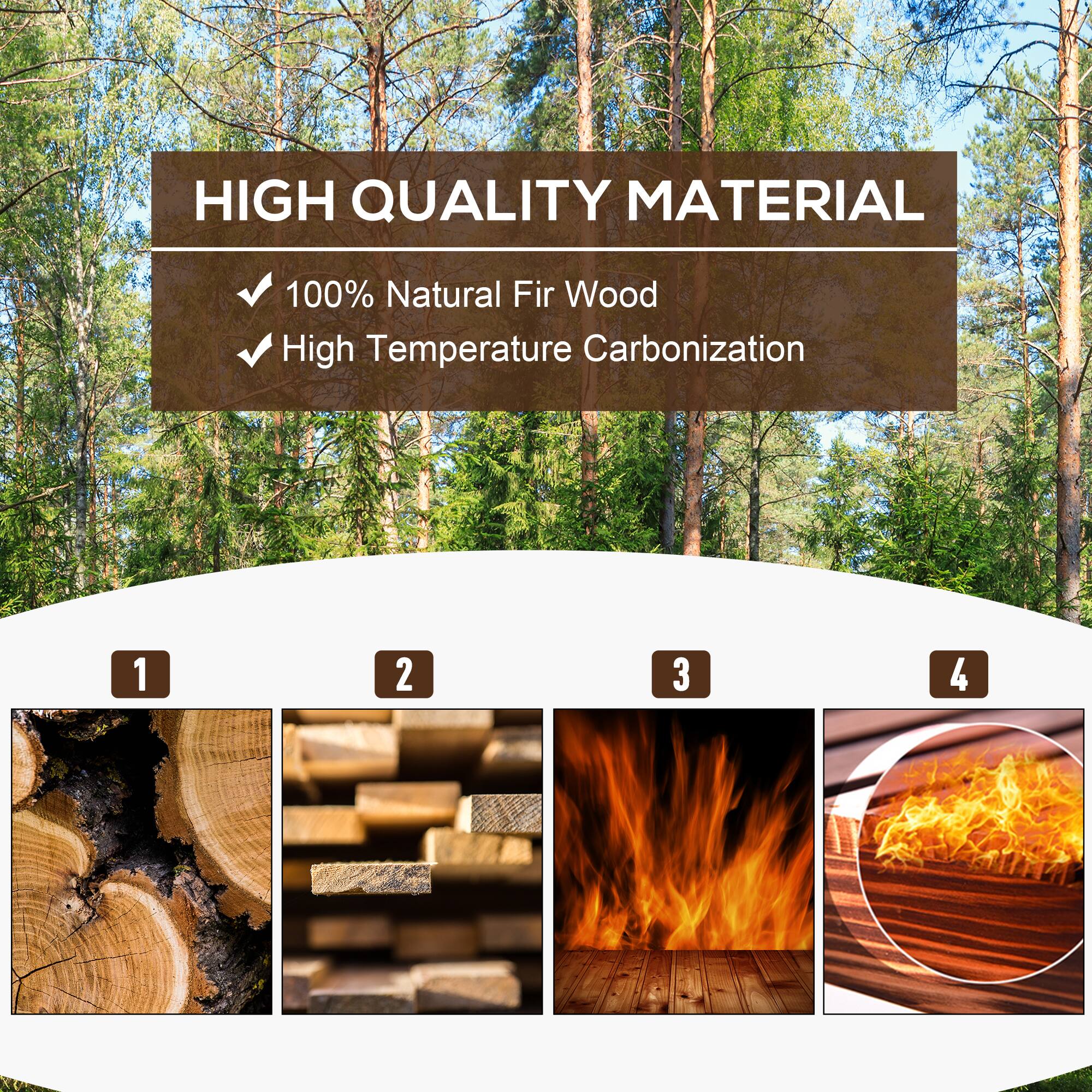 HIGH QUALITY MATERIAL  
100% Natural Fir Wood  
High Temperature Carbonization  

1  
2  
3  
4