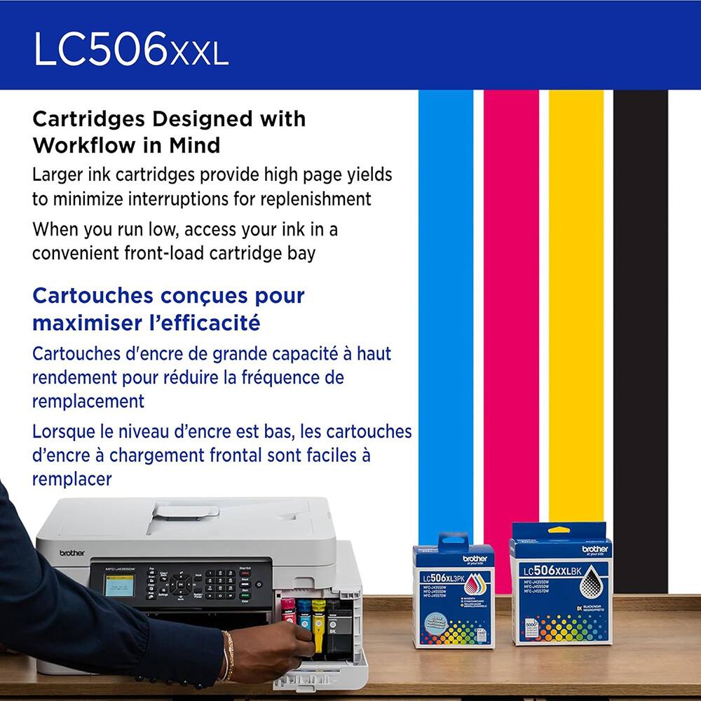 LC506XXL Cartridges Designed with Workflow in Mind

Larger ink cartridges provide high page yields to minimize interruptions for replenishment. When you run low, access your ink in a convenient front-load cartridge bay.

Cartouches conçues pour maximiser l'efficacité

Cartouches d'encre de grande capacité à haut rendement pour réduire la fréquence de remplacement. Lorsque le niveau d'encre est bas, les cartouches d'encre à chargement frontal sont faciles à remplacer.

brother LC506XL3PK
brother LC506XXLBK