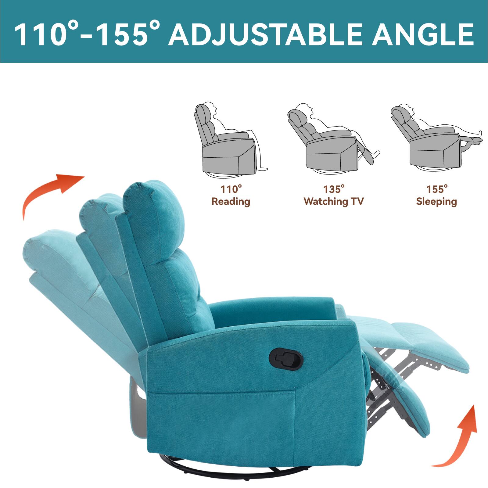 110°-155° Adjustable Angle

110° Reading  
135° Watching TV  
155° Sleeping