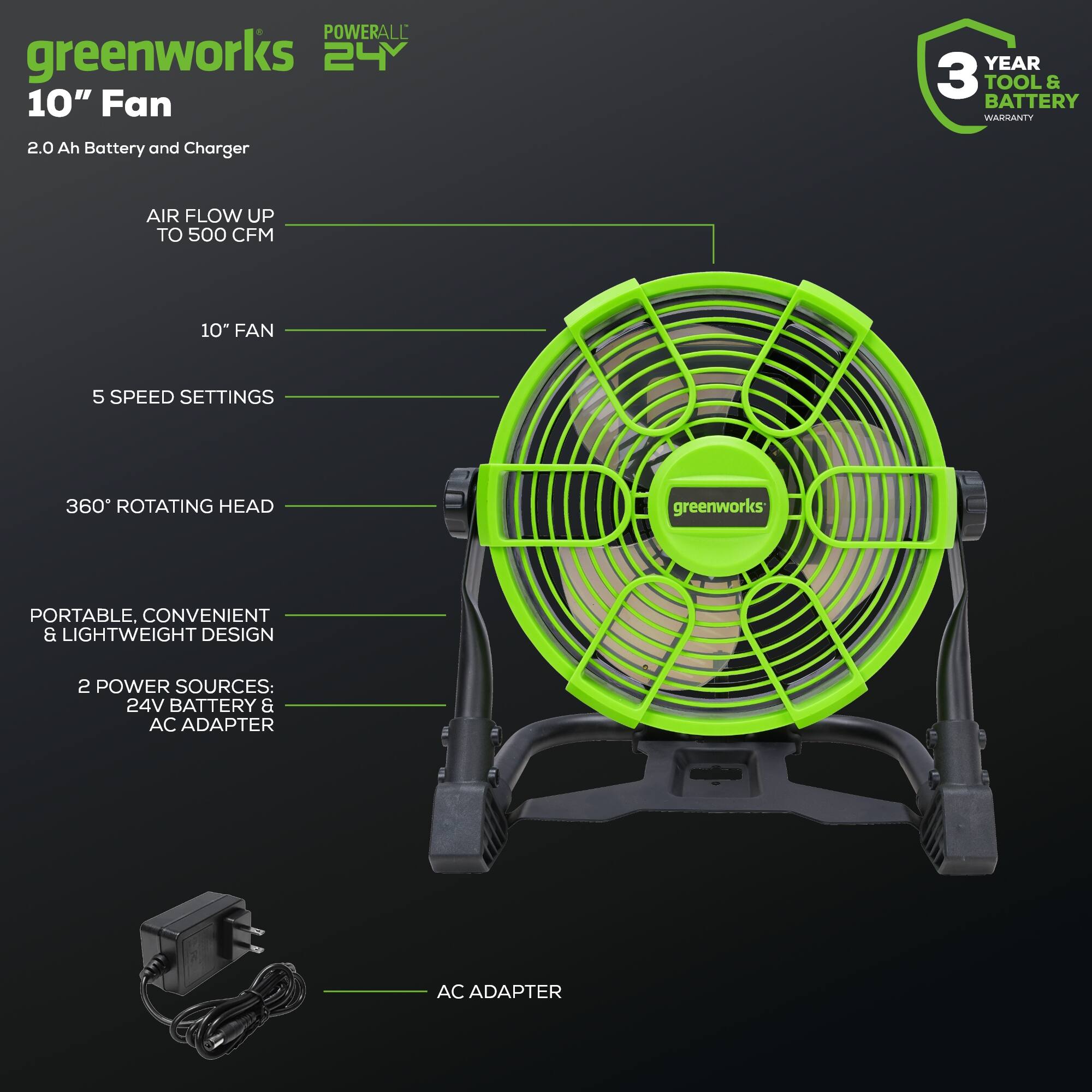 POWERALL greenworks 24V 10" Fan  
3 YEAR TOOL & BATTERY WARRANTY  
2.0 Ah Battery and Charger  
AIR FLOW UP TO 500 CFM  
10" FAN  
5 SPEED SETTINGS  
360° ROTATING HEAD  
greenworks  
PORTABLE, CONVENIENT & LIGHTWEIGHT DESIGN  
2 POWER SOURCES: 24V BATTERY & AC ADAPTER