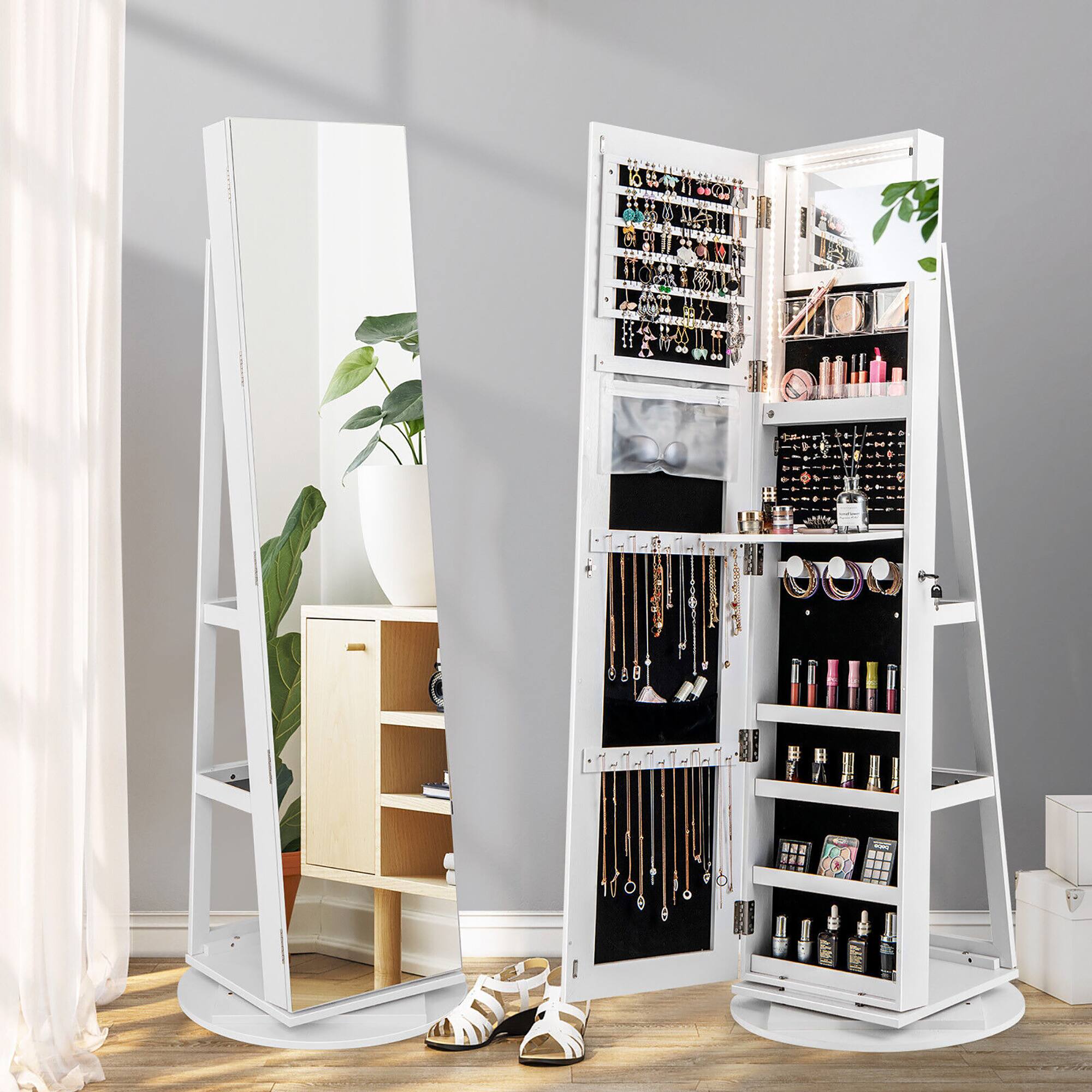 Alt View 4. Gymax - Gymax Rotating Mirrored Jewelry Cabinet with Mirror Storage Shelves White - White.