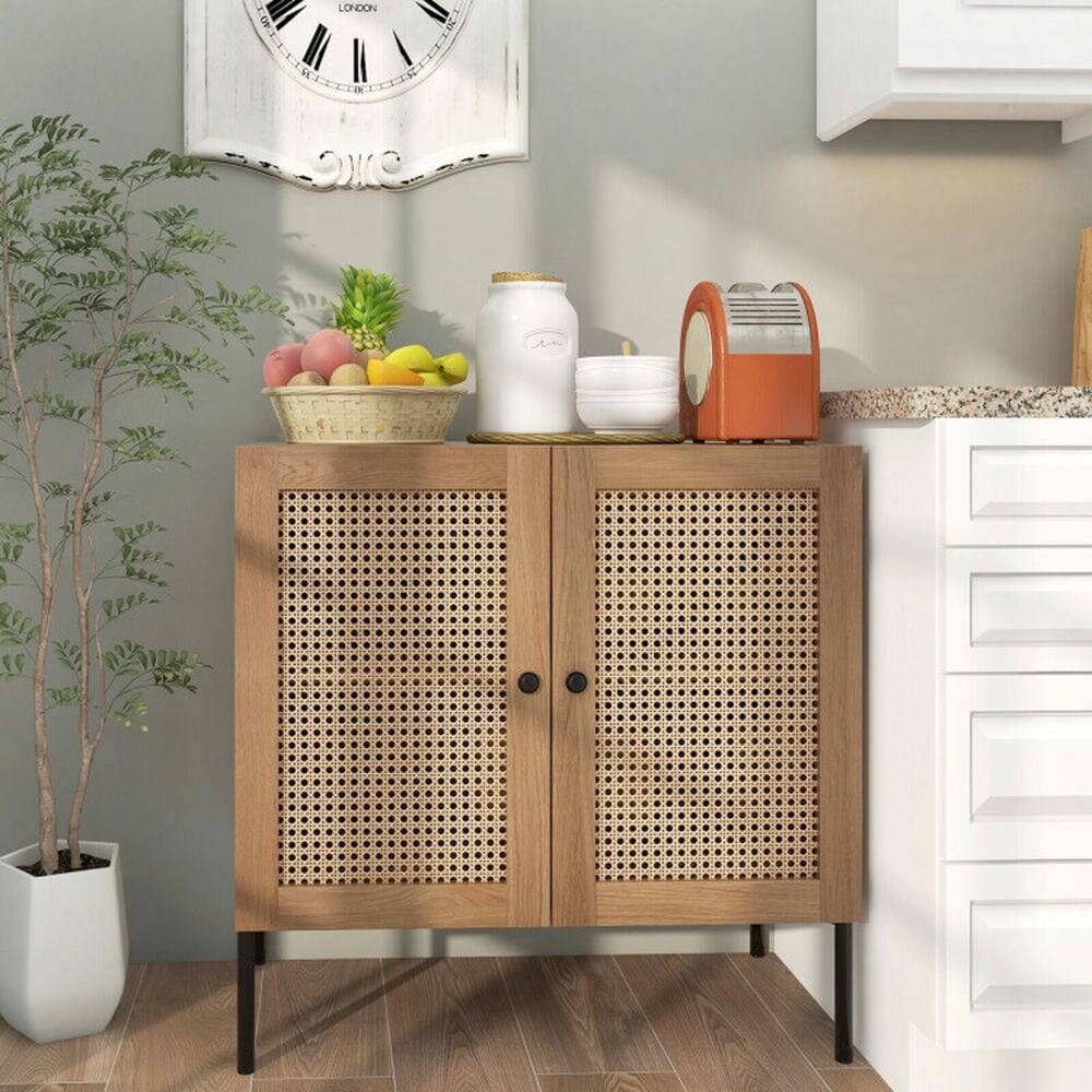Alt View 5. Pefilos - Kitchen Sideboard with 2 Rattan Doors and Adjustable Shelf, Classic Rattan Sideboard, Cabinet for Indoor, Natural - Brown.