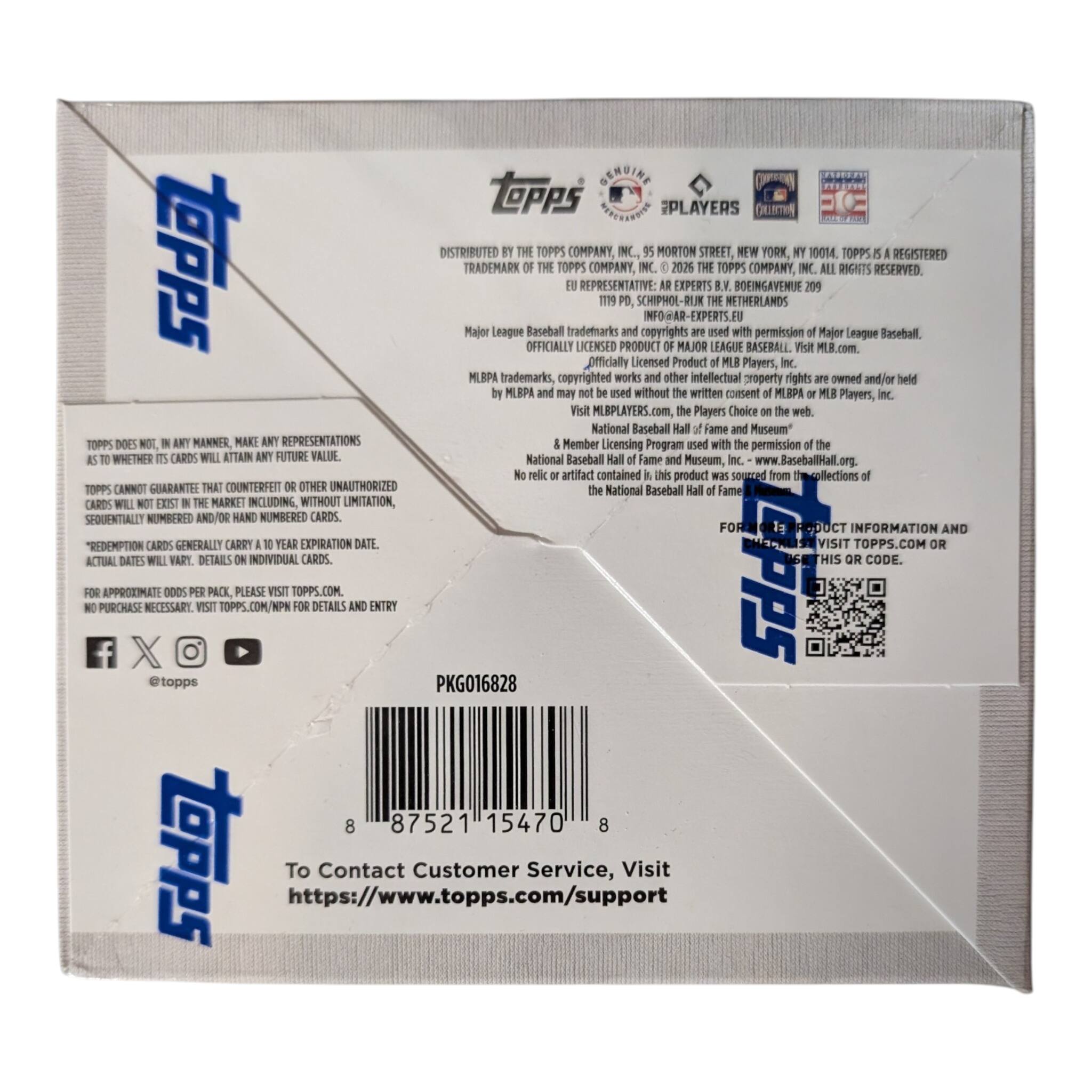 **Topps**

**Distributed by The Topps Company, Inc., Morton Street, New York, NY 10014. Topps is a registered trademark of The Topps Company, Inc.**

**Major League Baseball Officially Licensed Product**

**The Topps trademarks and copyrights are used with permission of Major League Baseball, L.P.**

**MLBPA trademarks, copyrighted works and other intellectual property rights are owned and/or held by MLB Players, Inc. and may not be used without written consent. Visit MLBPLAYERS.com, the Players Choice on the web.**

**National Baseball Hall of Fame Museum**

**Topps does not, in any manner, make any representations as to whether its cards will attain any future value.**

**Topps cannot guarantee that counterfeit or other unauthorized cards will not exist in the market including, without limitation, sequentially numbered and/or hand numbered cards.**

**Approximate odds per pack. Please visit topps.com.**

**No purchase necessary. Visit topps.com/NPM for details and entry.**

**FOR PRODUCT INFORMATION AND THIS OR CODE.**

**Visit MLB.com**

**National Baseball Hall of Fame & Museum**

**The National Baseball Hall of Fame & Museum, www.BaseballHall.org**

**