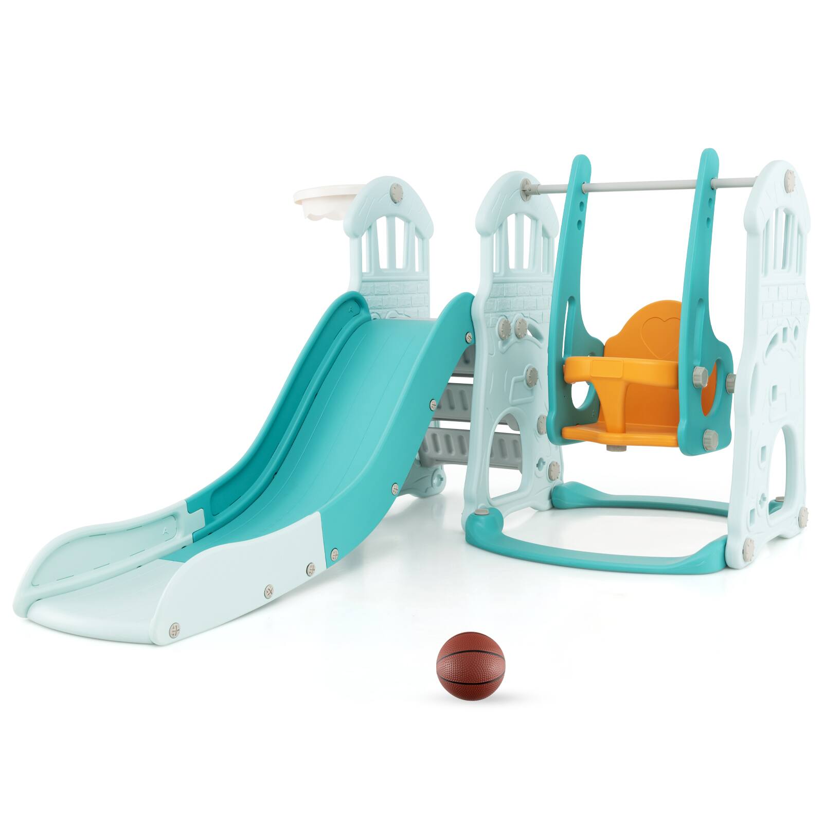Left. SlickBlue - Toddler Slide and Swing Set with Extra-Long Slide, Adjustable Swing, Hoop, and Climber - Green, Orange.