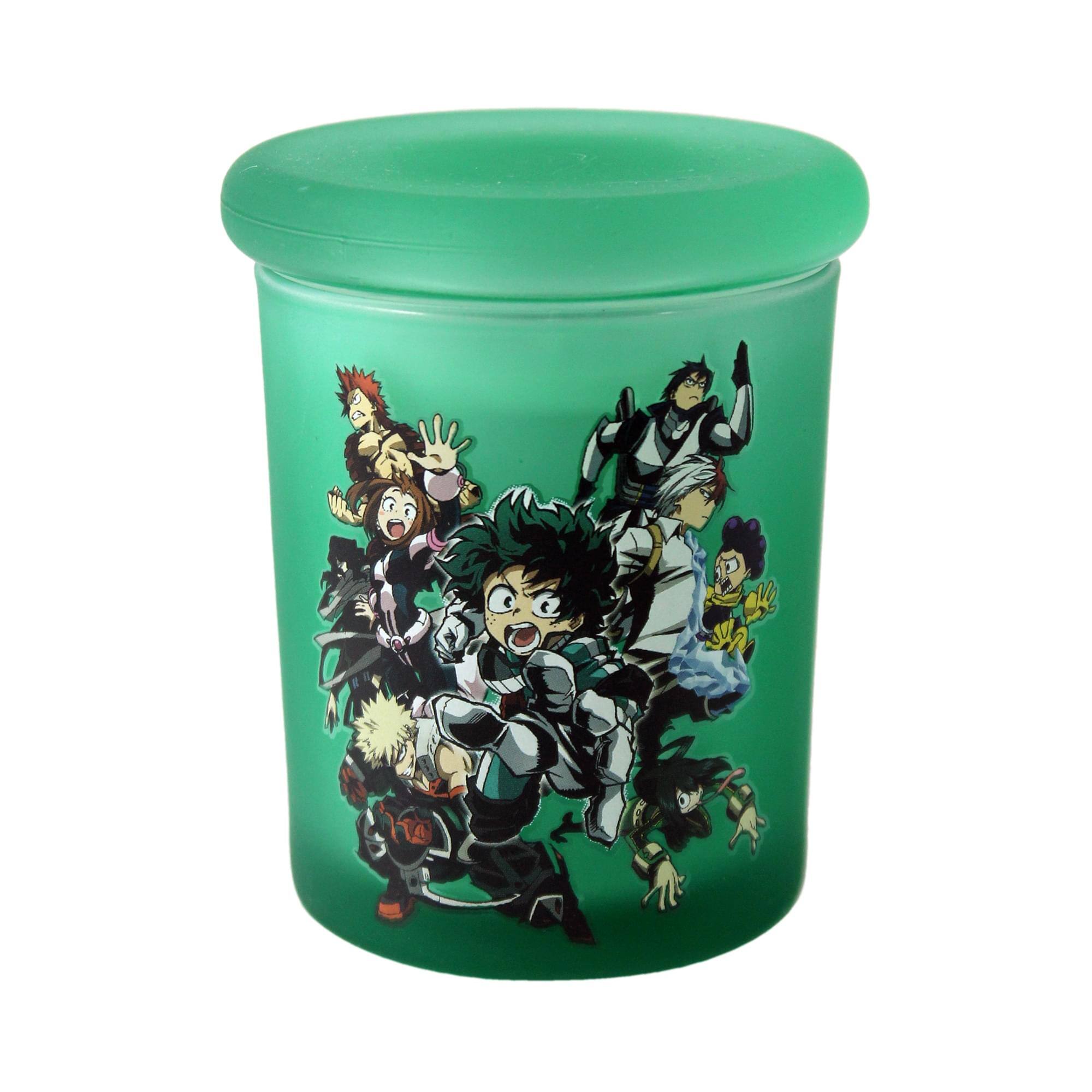 Front. Just Funky - My Hero Academia Class 1-A 6 Ounce Glass Container - Green.