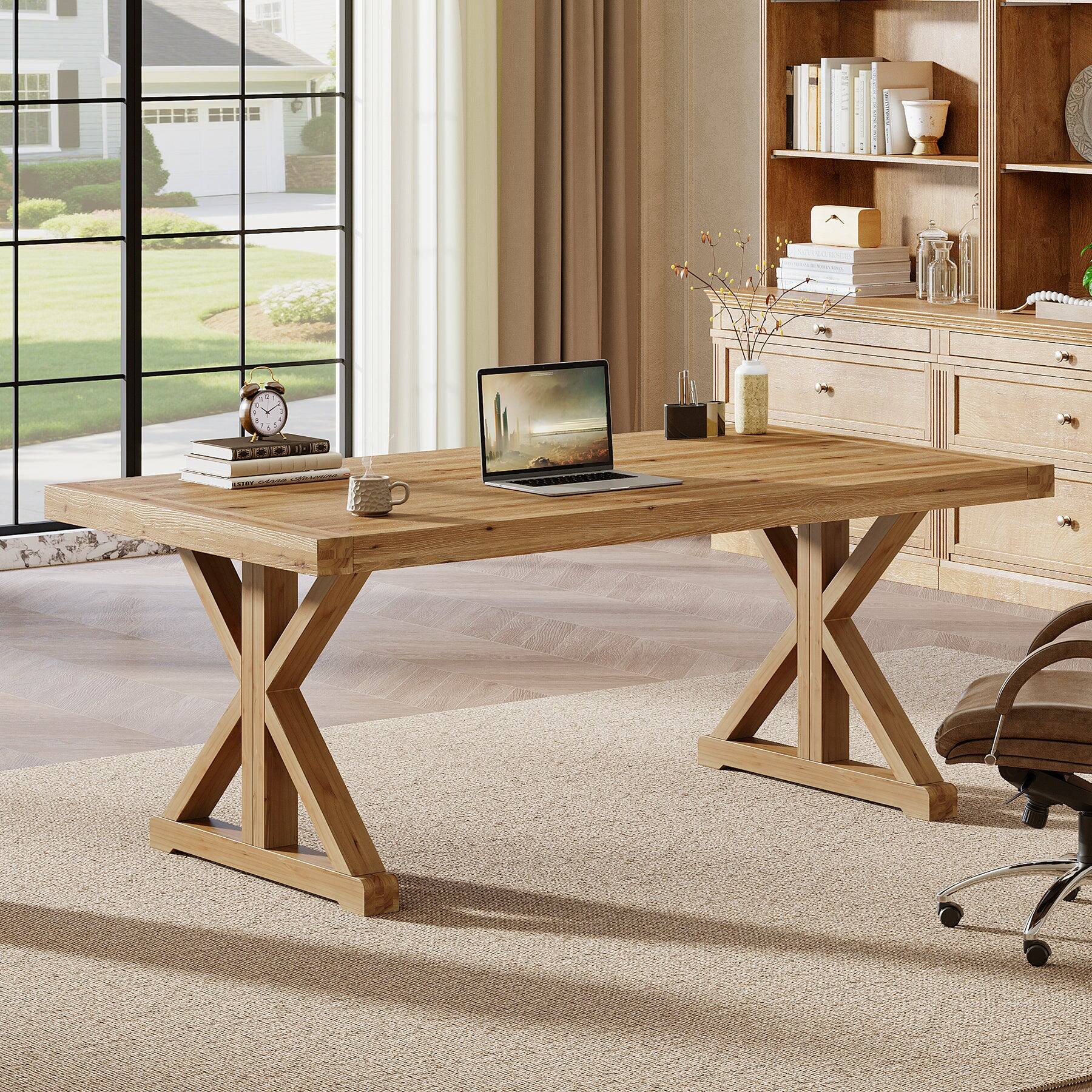 Angle. Tribesigns - Office Executive Desk with Solid Wood Construction, for Computer Work and Writing in Home Offices - Light Brown.
