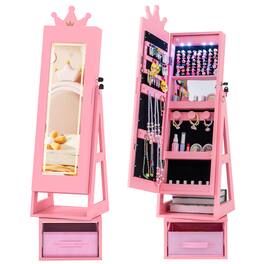 Gymax - 3 In 1 Kids Jewelry Cabinet w/3-Color Lighted Full Length Mirror Internal Mirror - Pink