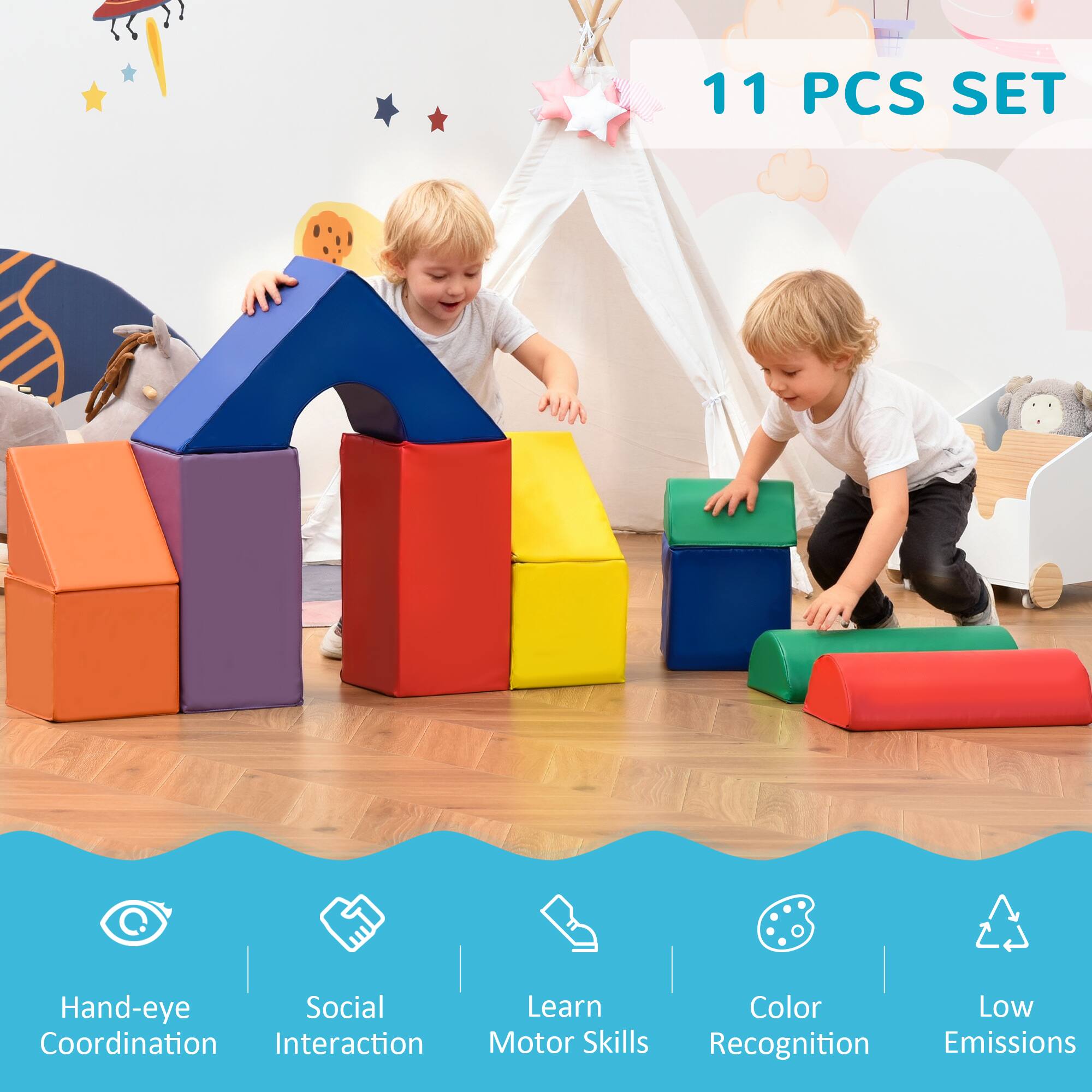 11 PCS SET

Hand-eye Coordination  
Social Interaction  
Learn Motor Skills  
Color Recognition  
Low Emissions