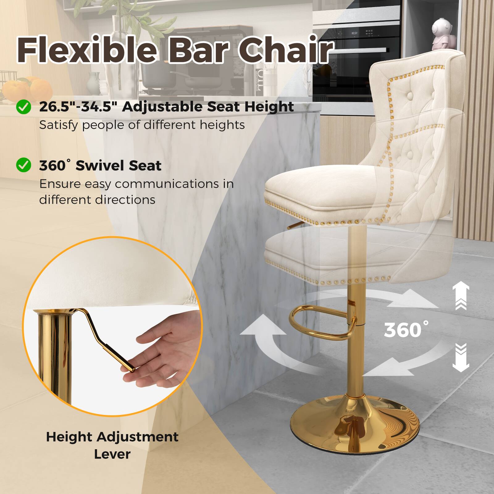 Flexible Bar Chair

- 26.5"-34.5" Adjustable Seat Height: Satisfy people of different heights
- 360° Swivel Seat: Ensure easy communications in different directions
- Height Adjustment Lever
