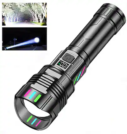 Front. PRIMEPLUS - A08 5000mAh Rechargeable Tactical Flashlight 1000 Lumens, 500m Beam, Zoomable, 5 Modes – Emergency, Camping, Hiking - Black.