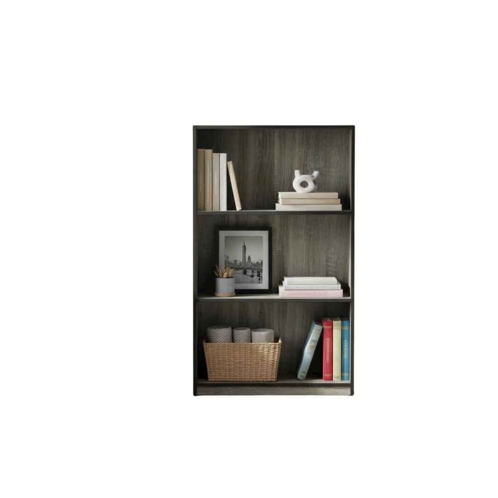 Back. FurniFact - Grey 3-Tier Bookcase with Wood Shelves for Organized Storage - French Oak Grey/Black.
