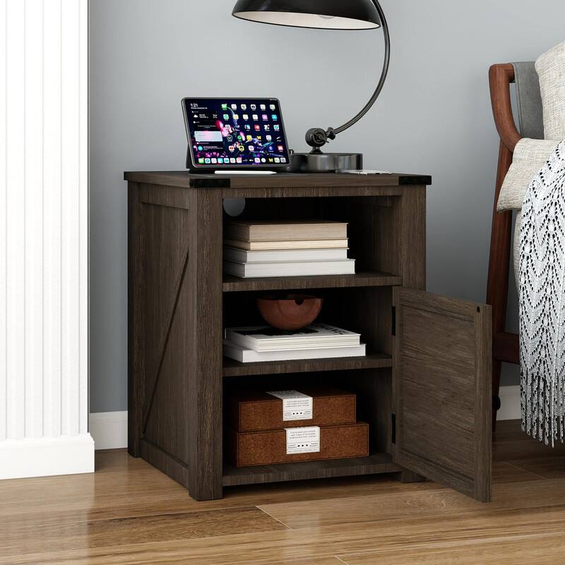 Angle. Vipbear - Vipbear 18" Rustic Nightstand with Chargers Dark Gray Living Room Rustic Nightstand Wooden Nightstand - Grey.