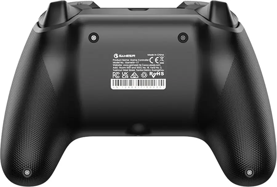 The text on the image reads: "Mode in Chino GAMESIR Product Nome Gome Controller CE Model No. GomeSir-T7 Website [www.gomesir.com](http://www.gomesir.com) Add Room 1001 and 1003 No. 12 Yord No. 2. Yuanoun West Street Tionhe District Ouangzhou UK ROHS FC CA 1240417100000 4 1 7."