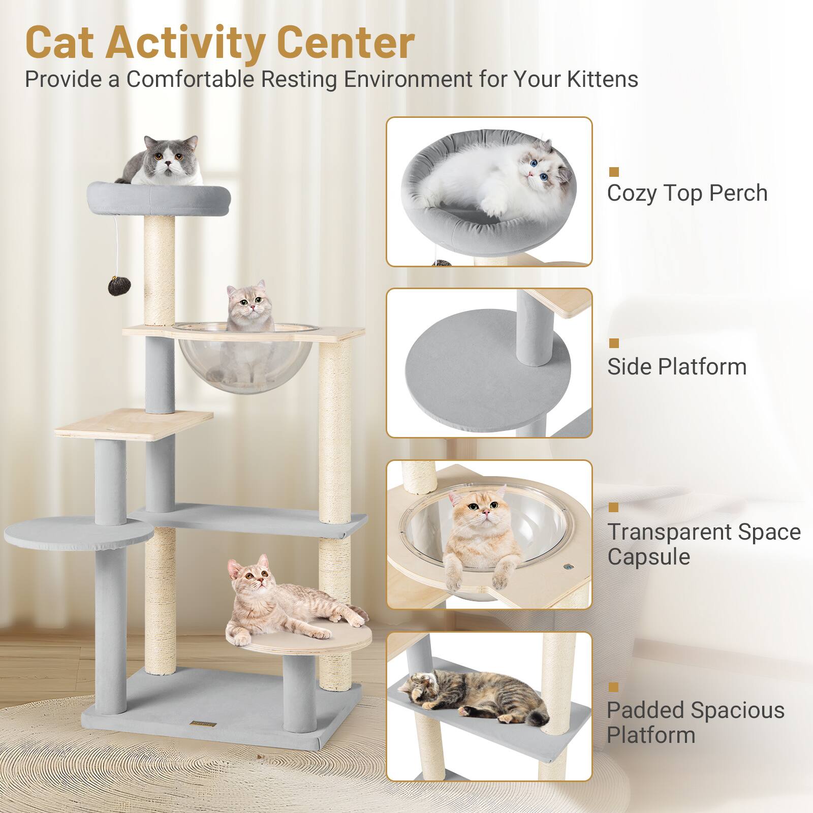 Cat Activity Center  
Provide a Comfortable Resting Environment for Your Kittens  

- Cozy Top Perch  
- Side Platform  
- Transparent Space Capsule  
- Padded Spacious Platform