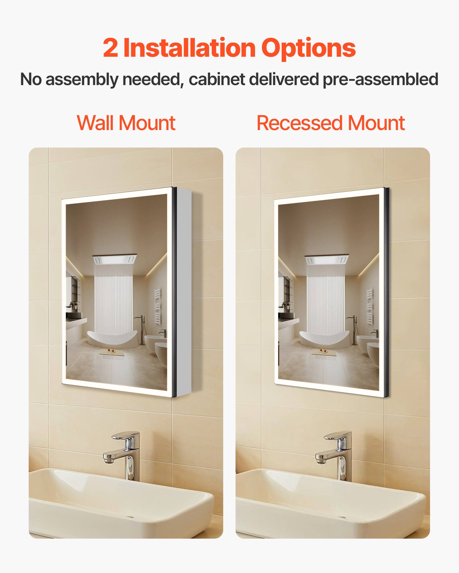 2 Installation Options
No assembly needed, cabinet delivered pre-assembled
Wall Mount
Recessed Mount