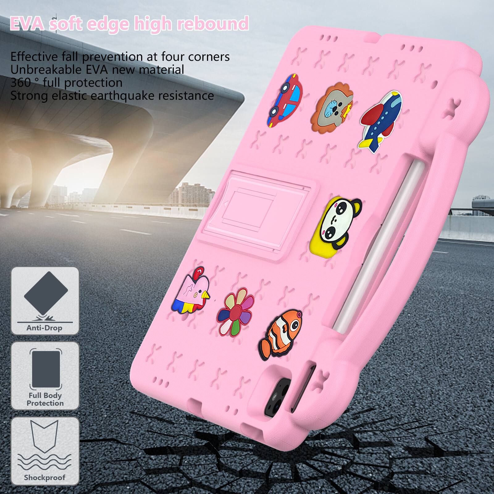 EVA soft edge high rebound  
Effective fall prevention at four corners  
Unbreakable EVA new material  
360° full protection  
Strong elastic earthquake resistance  

Anti-Drop  
Full Body Protection  
Shockproof