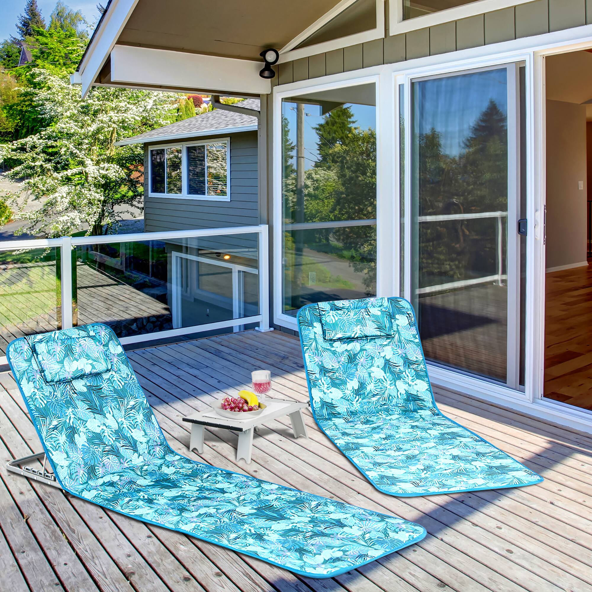 Alt View 3. Costway - Costway 3-Piece Beach Lounge Chair Mat Set 2 Adjustable Lounge Chairs with Table - Green.