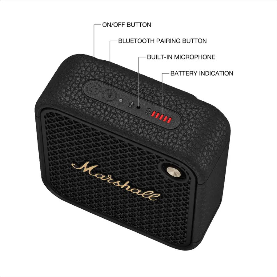 ON/OFF BUTTON BLUETOOTH PAIRING BUTTON BUILT-IN MICROPHONE WILKEN' BATTERY INDICATION Marshall