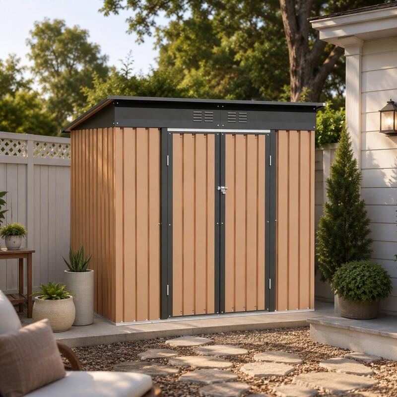 Left. RYHNUYNE - 6x4 FT Brown Metal Garden Storage Shed with Hinge Door & Pent Roof, Outdoor Shed for Tool Storage - Black.
