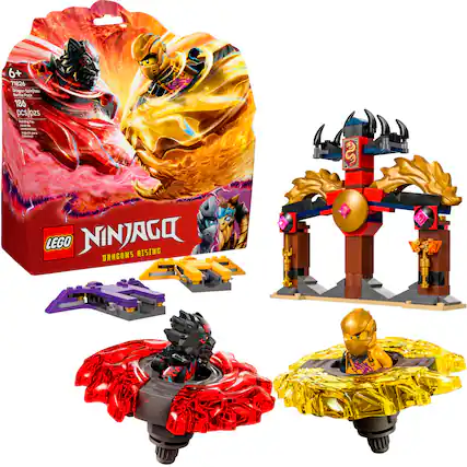 The text on the image reads: "6+ 71826 Orange Spinjitzu Tornado Pars 186 pcs/pzs pcs E Mns i - Juganojam - Comando S LEGO NINJAGO DRAGONS RISING."
