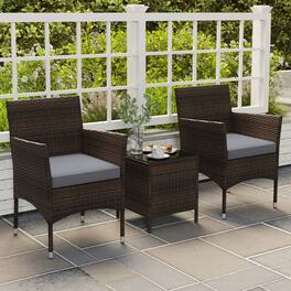 Gymax - 3 PCS Outdoor Conversation Set w/ Cushioned Seat & Tempered Glass Tabletop - Gray