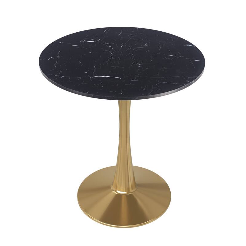 Front. LeisureMod - Bristol 27" Round Sintered Stone or MDF Dining Table, Modern Pedestal Base - Heavy Duty Steel Kitchen Table - MDF - Marbled Black.
