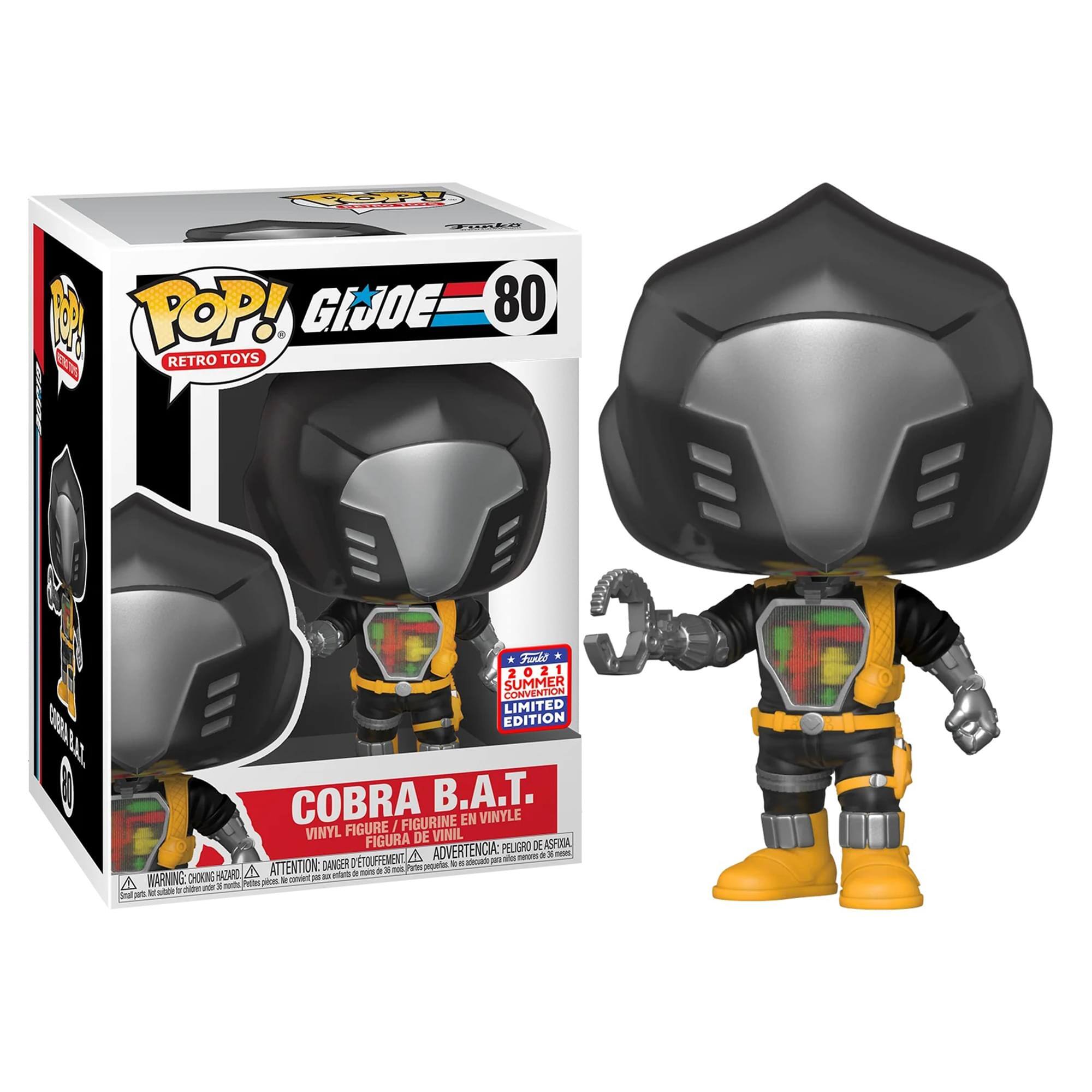 Sure, here is the corrected and grouped text from the image:

---

**POP! GIJOE 80 RETRO TOYS**

**COBRA B.A.T.**

**VINYL FIGURE / FIGURINE EN VINYLE / FIGURA DE VINIL**

**SUMMER CONVENTION LIMITED EDITION**

**WARNING: CHOKING HAZARD - SMALL PARTS. NOT FOR CHILDREN UNDER 3 YEARS.**

**ATTENTION: DANGER - ÉTOUFFEMENT. NE PAS LAISSER ENFANTS DE MOINS DE 3 ANS.**

**ADVERTENCIA: PELIGRO DE ASFIXIA - PIEZAS PEQUEÑAS. NO ACONDICIONADO PARA NIÑOS MENORES DE 3 AÑOS.**

**1st ANNUAL SUMMER CONVENTION LIMITED EDITION**

**2021**

**COBRA B.A.T.**

---

This text is taken from the packaging and the figure itself, ensuring all warnings and edition details are included.