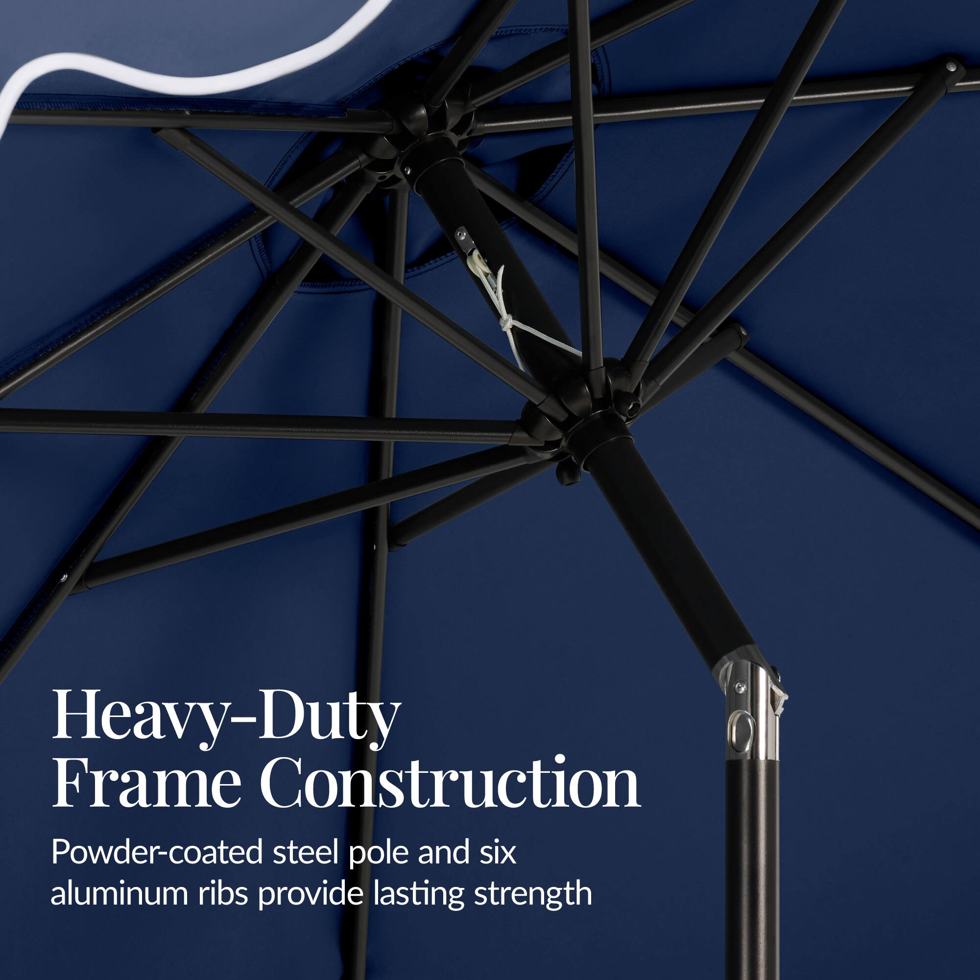 Heavy-Duty Frame Construction  
Powder-coated steel pole and six aluminum ribs provide lasting strength