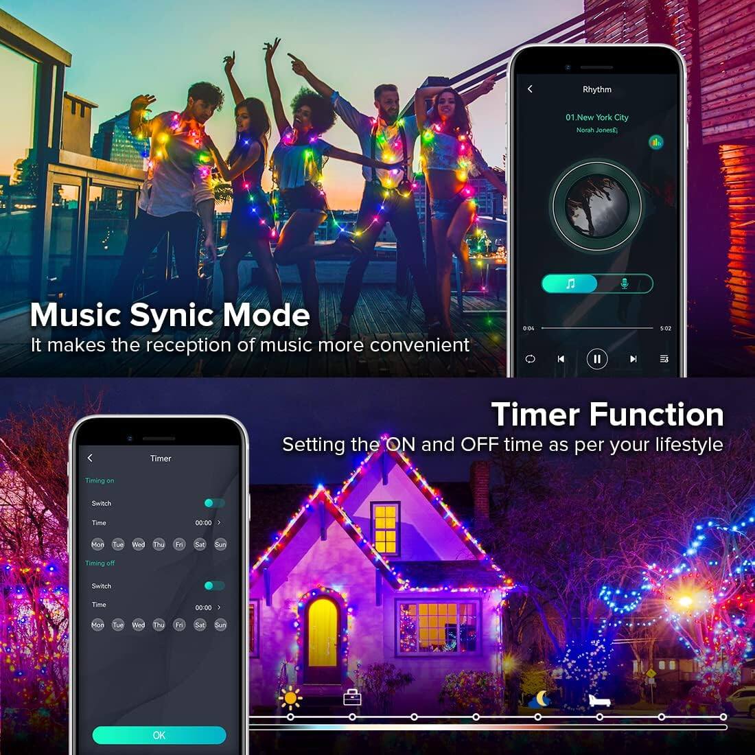 **Music Sync Mode**  
It makes the reception of music more convenient

**Timer Function**  
Setting the ON and OFF time as per your lifestyle

---

**Rhythm**  
01. New York City  
Norah Jones

**Timer**  
Timing on  
Switch  
Time: 00:00  
Mon Tue Wed Thu Fri Sat Sun  

Timing off  
Switch  
Time: 00:00  
Mon Tue Wed Thu Fri Sat Sun  

OK