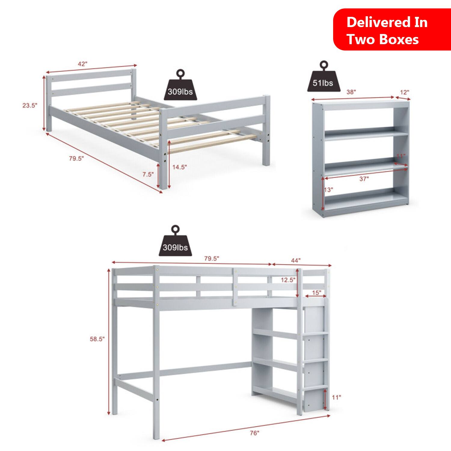Delivered In Two Boxes

- 42" x 23.5" x 79.5" x 7.5" x 14.5" x 309lbs
- 38" x 12" x 37" x 13" x 51lbs
- 44" x 12.5" x 15" x 11" x 76" x 309lbs