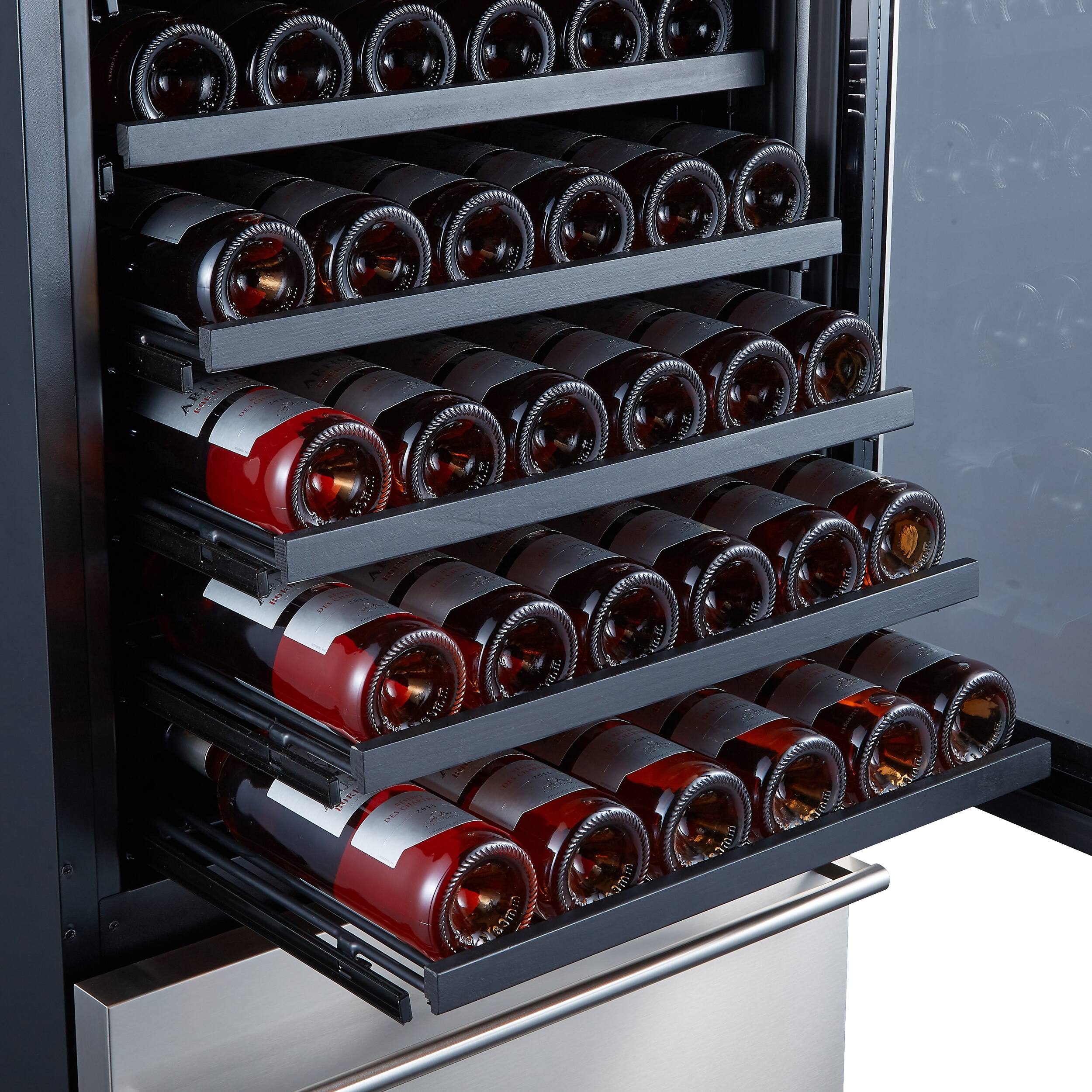 The image shows a wine refrigerator with three shelves filled with wine bottles. The bottles are arranged in rows, with some bottles being red and others being clear. The refrigerator is designed to store and preserve wine, providing a controlled environment for the wine to age and develop its flavors. The wine bottles are organized neatly, making it easy to find and access the desired bottle.