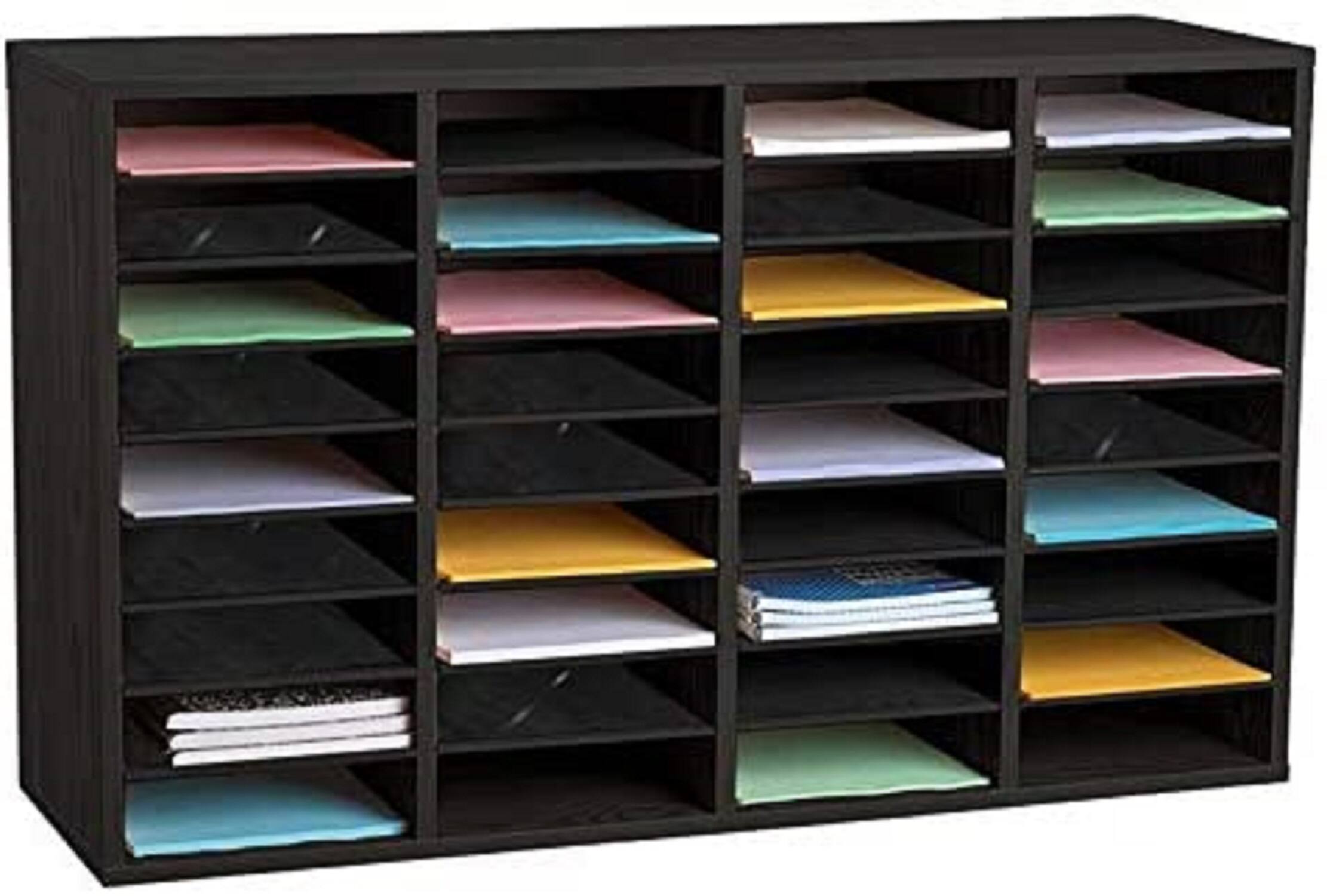 Angle. AdirOffice - Literature Organizer, Wood Adjustable 36 Compartment Literature File Organizer, 11.8”D x 39.3”W x 23.9”H - Black.