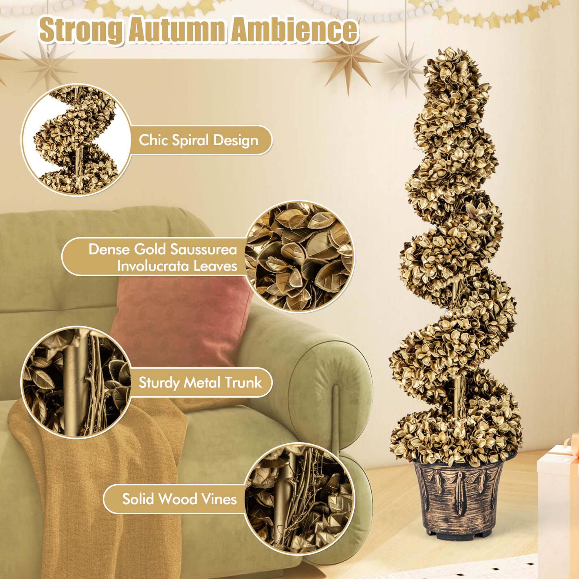 Strong Autumn Ambience

- Chic Spiral Design
- Dense Gold Saussurea Involucrata Leaves
- Sturdy Metal Trunk
- Solid Wood Vines