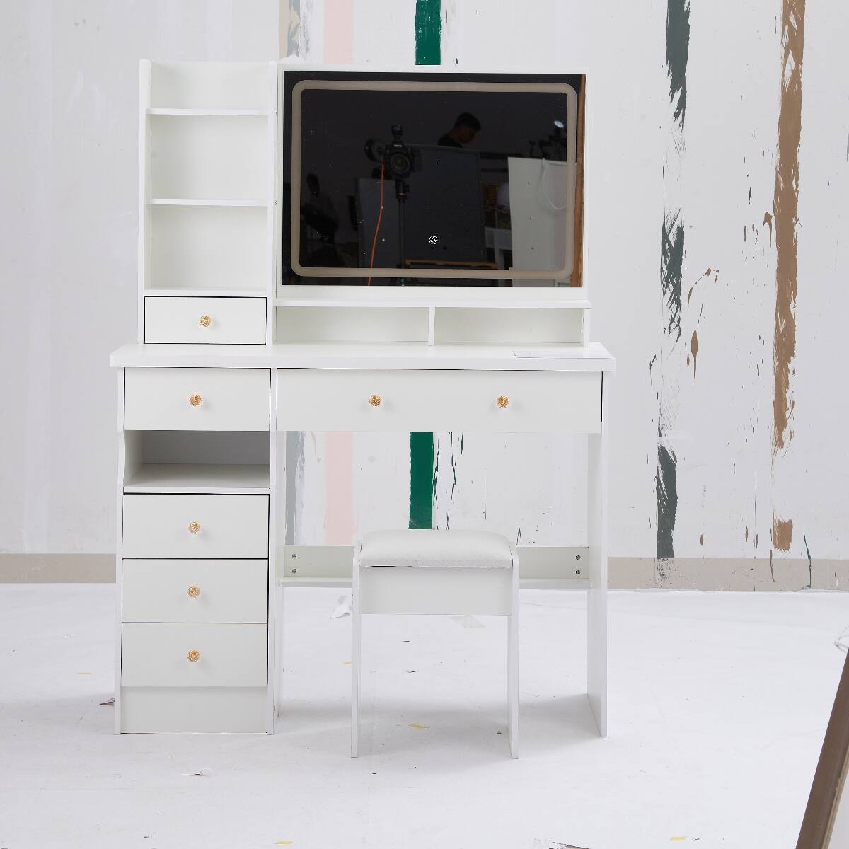 Alt View 4. Loheer - Loheer 41 inch makeup vanity table with mirror and stool, White MDF, Touch Control LED Mirror - White.