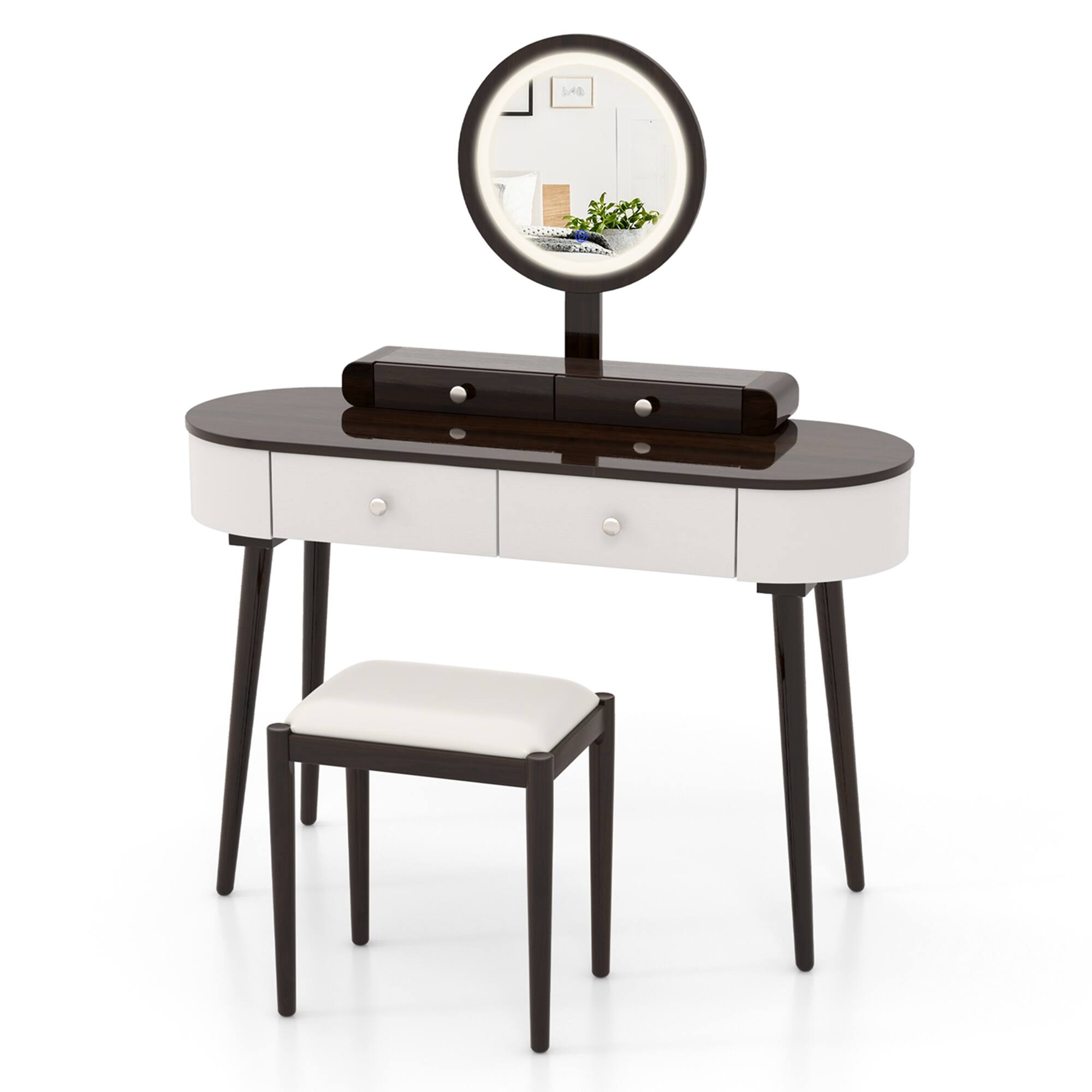 Alt View 9. Costway - Costway Solid Wood Makeup Vanity Desk Set with LED Lighted Mirror Drawers Cushioned Stool - White + Brown.