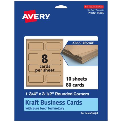 Go to avery.com/templates
Use Avery Template Presta® 95286
KRAFT BROWN
8 cards per sheet
10 sheets
80 cards
1-3/4" x 3-1/2" Rounded Corners
Kraft Business Cards
with Sure Feed® Technology
for Laser/Inkjet