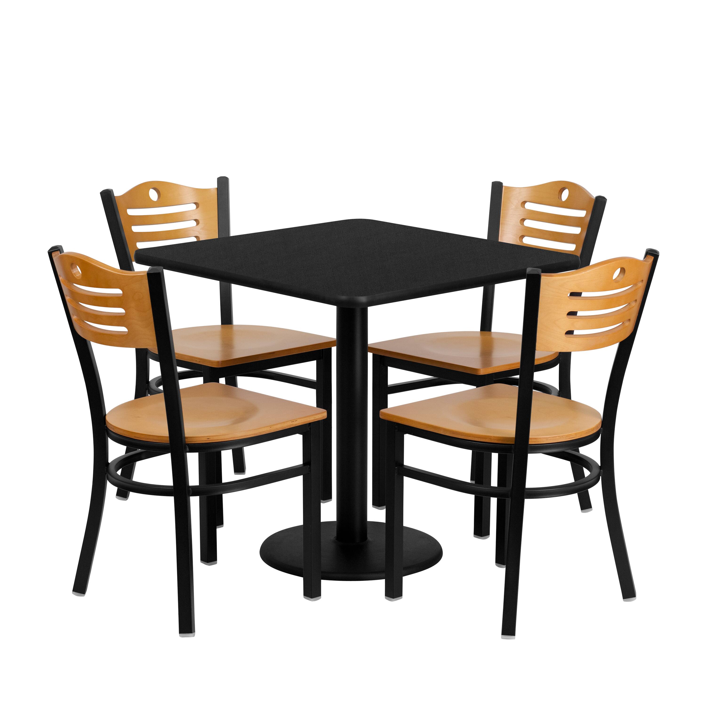 Front. Emma + Oliver - 30'' Square Laminate Table Set with 4 Wood Slat Back Metal Chairs - Black.