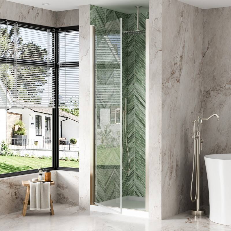 Alt View 1. WELLFOR - 28-7/16"-30"W x 72" H Semi-Frameless Pivot Shower Door -1/4 in. Tempered Glass, Easy Clean Coating - Brushed Nickel.