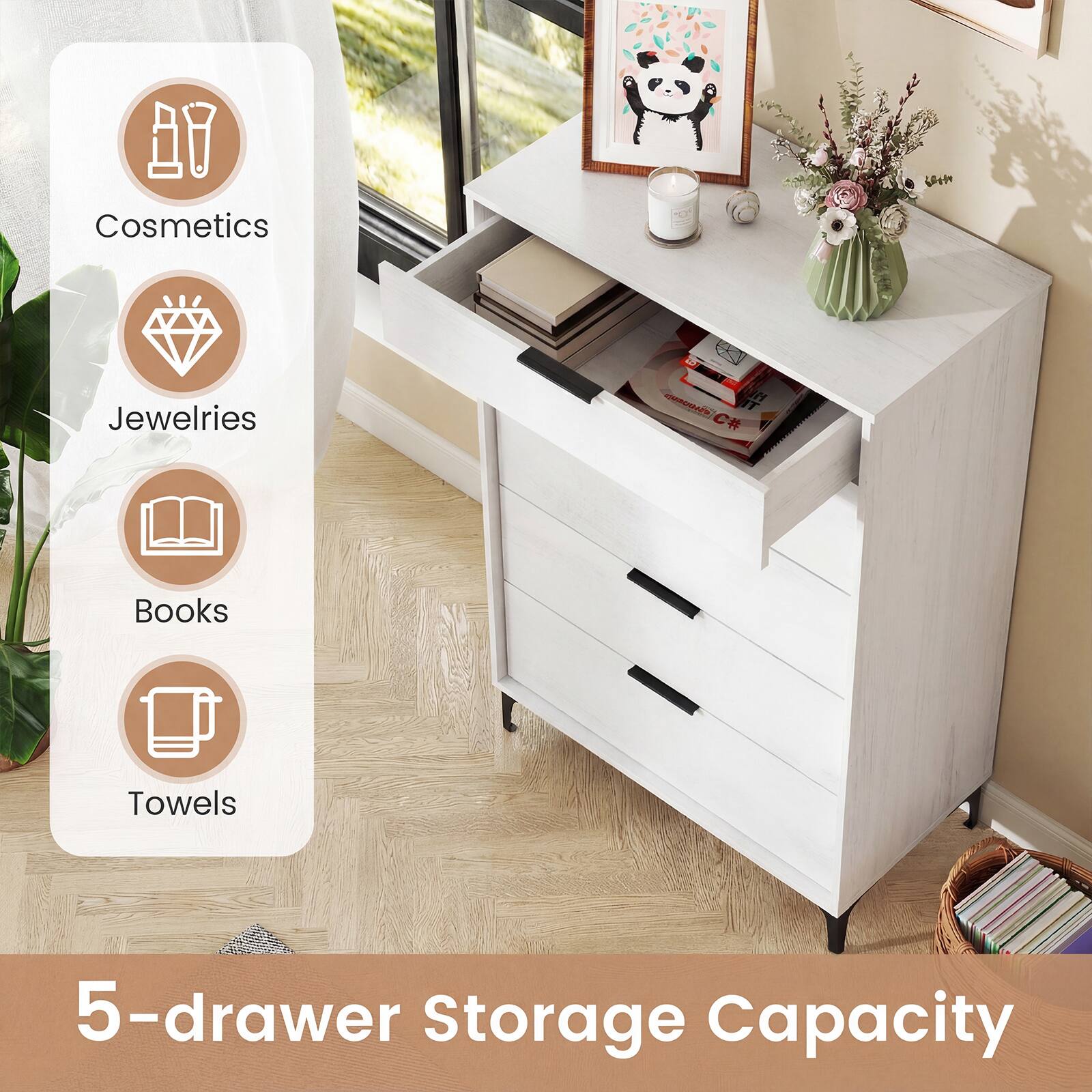 Cosmetics, Jewelries, Books, Towels, 5-drawer Storage Capacity
