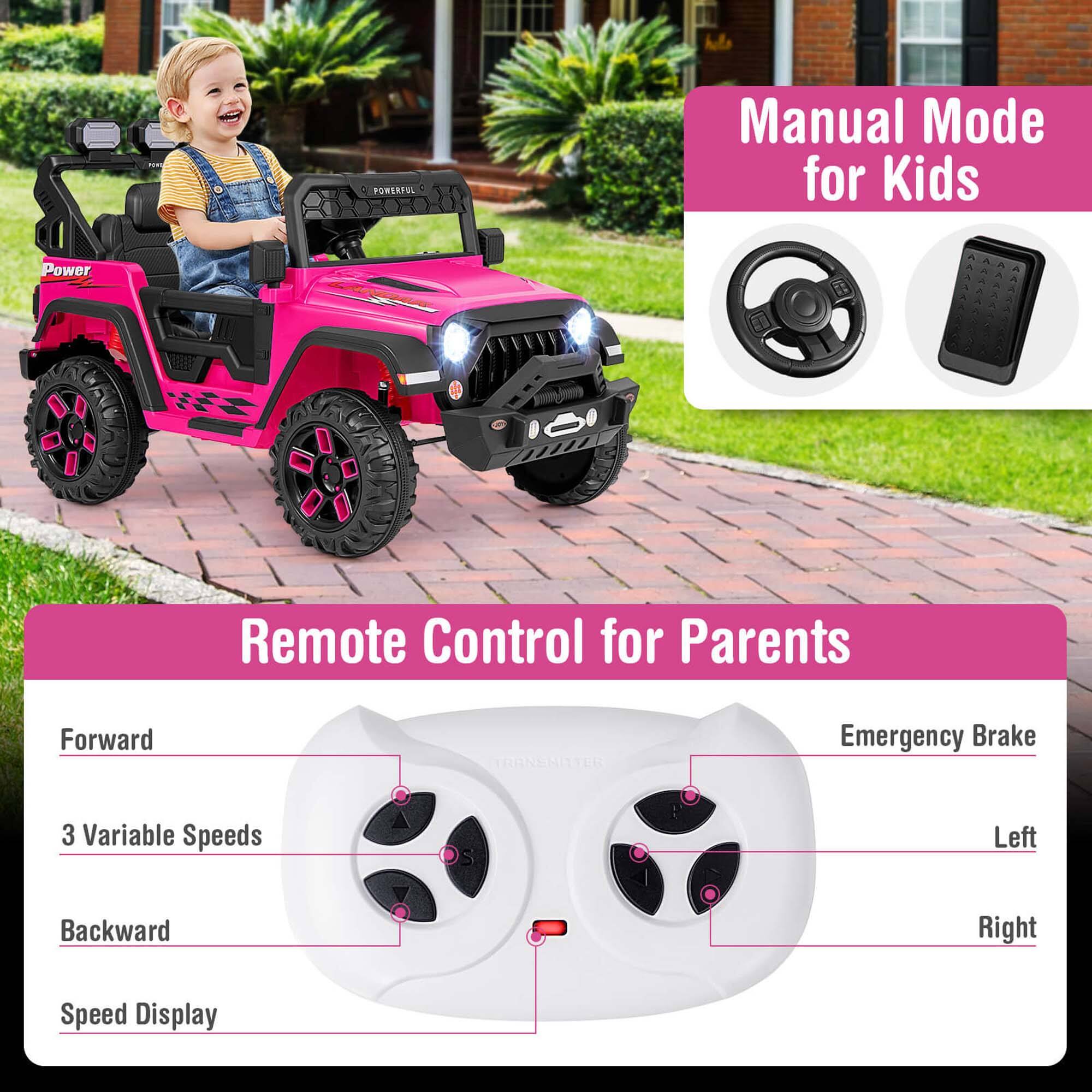 Manual Mode for Kids

Remote Control for Parents

- Forward
- 3 Variable Speeds
- Backward
- Speed Display
- Emergency Brake
- Left
- Right
