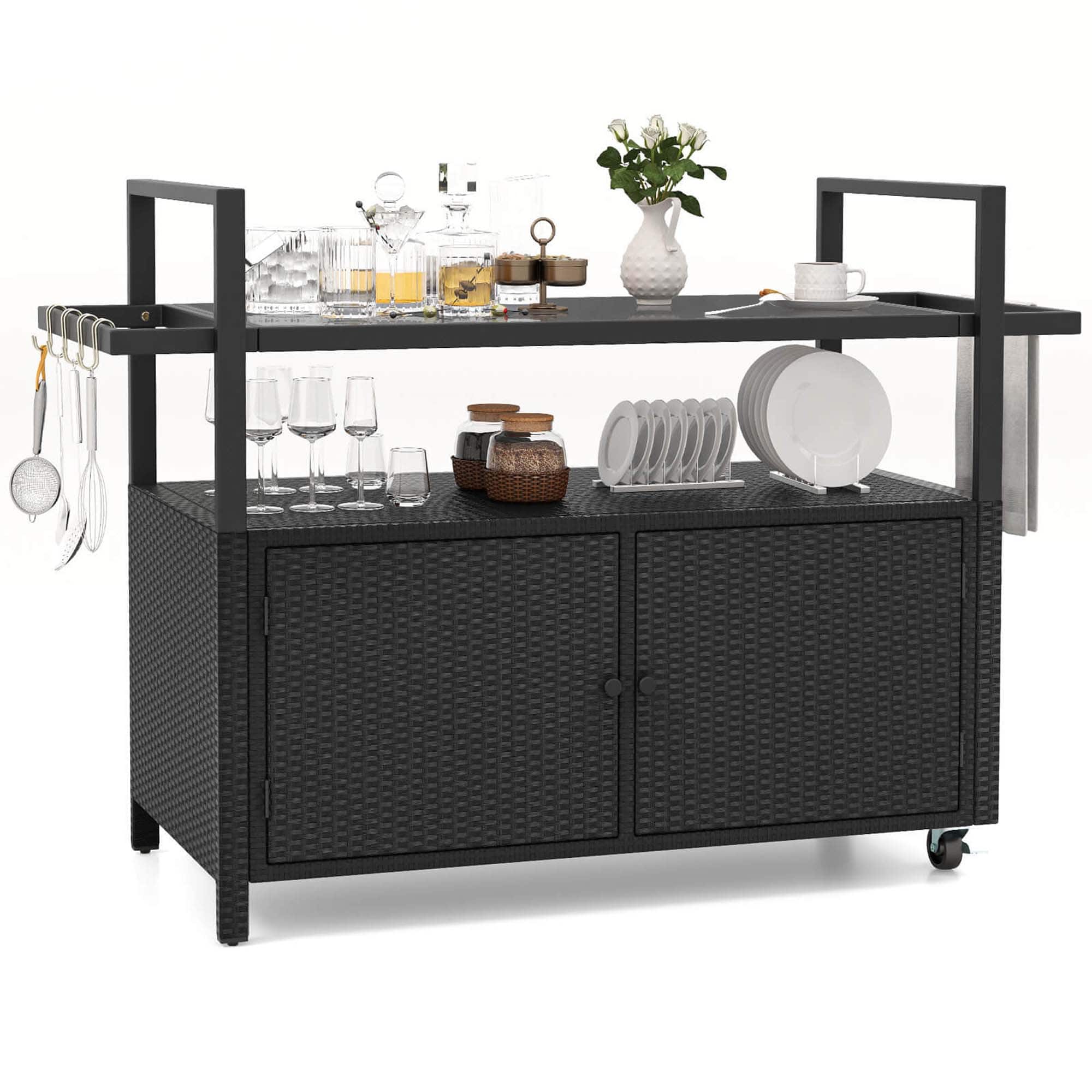 Costway - Outdoor Bar Cart with Tempered Glass Top Storage Cabinet & 8 Hooks for Porch - Black