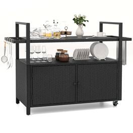 Costway - Outdoor Bar Cart with Tempered Glass Top Storage Cabinet & 8 Hooks for Porch - Black